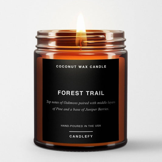 Forest Trail: Scented Candle in Amber Glass, Made with Natural Coconut Wax