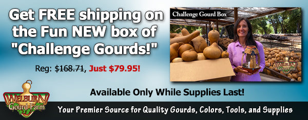 June 17, 2020: FREE shipping on the HUGE "Challenge Gourds" box, plus amazing gourd art and more!