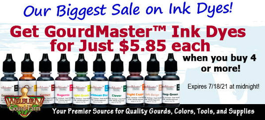 July 14, 2021: Save over 15% on Ink Dyes, plus FREE shipping on the HUGE "Challenge Gourds" box!