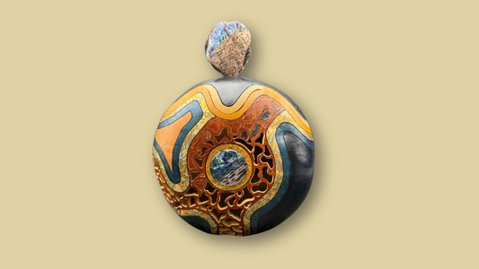 Lidded Canteen Vase with Woodburning, Filigree Carving, Stippling, Embossing Powder, Gold Leafing and Handmade Cabochons by Lisa Minne (9/24 9am-4pm)