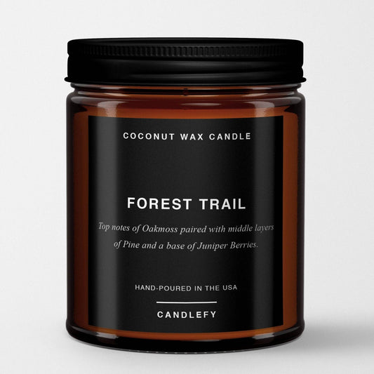 Forest Trail: Scented Candle in Amber Glass, Made with Natural Coconut Wax