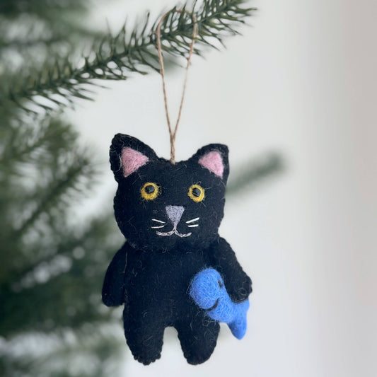 Flat Cat Holding Fish Ornament Black